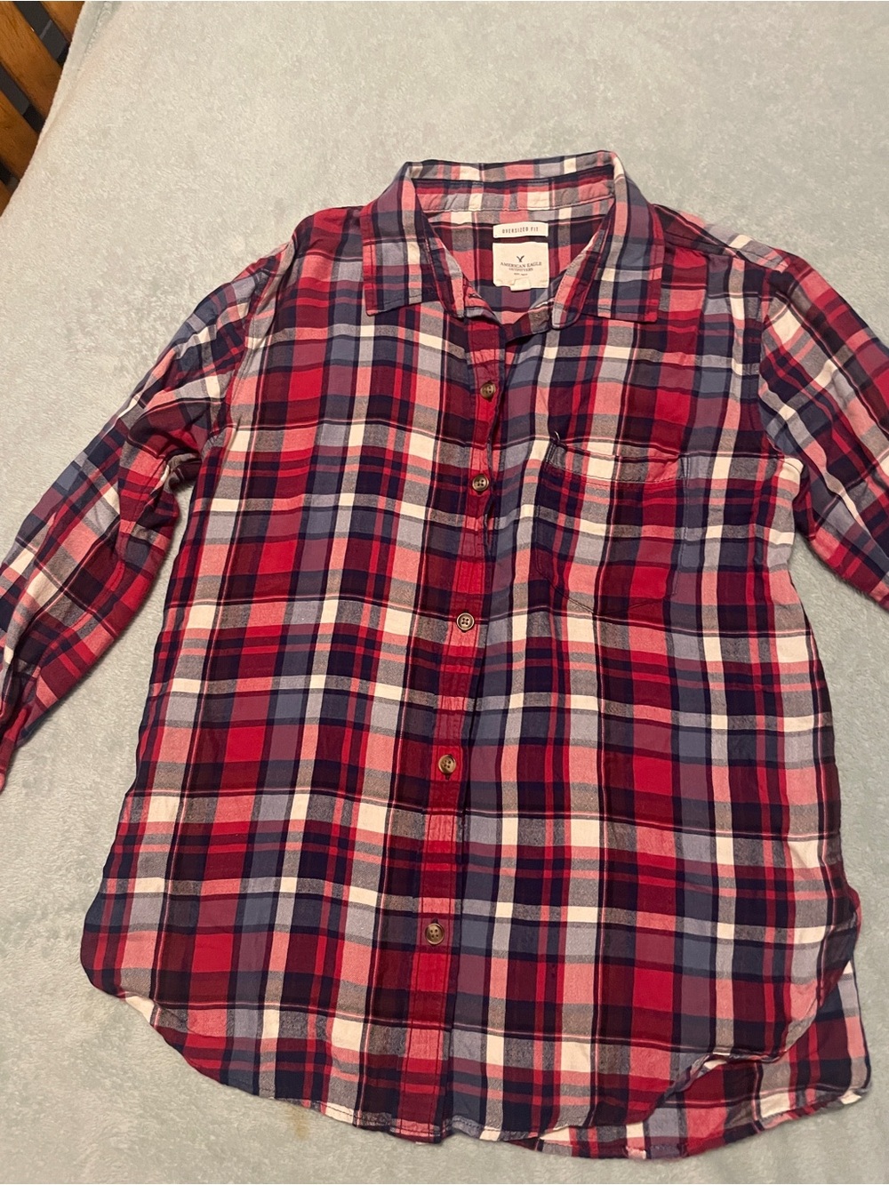 American Eagle Outfitters Red and Navy Plaid Button-Down Shirt